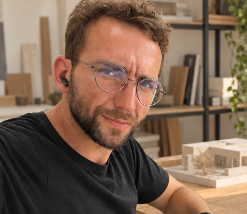Adrian Michalak w pracowni przy modelach architektonicznych